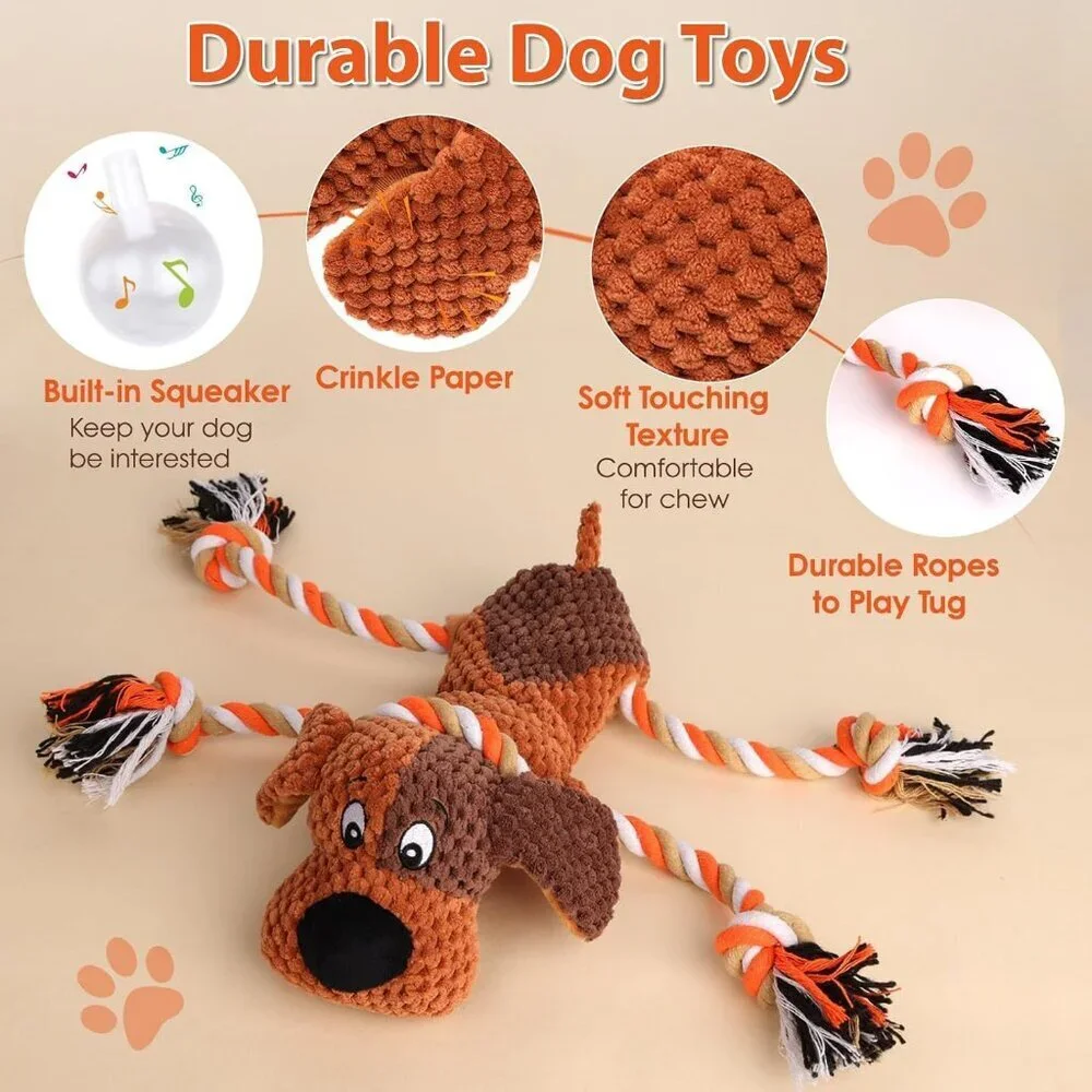 Plush Dog Toys with Rope, Squeaker & Crinkle Paper Interactive Squeaky Chew